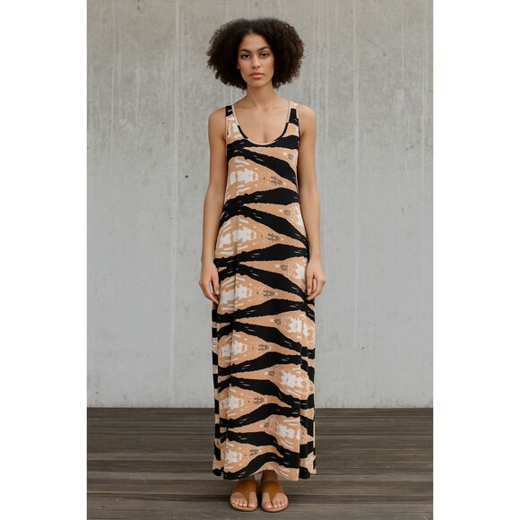 BEL KAZAN Tan Black White Stretch Smock Sleeveless Maxi Dress Women's Size Small - Picture 1 of 7